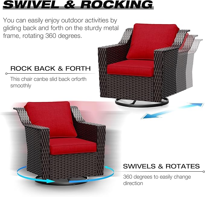 Joyside Wicker Patio Furniture Sets, 7 Pieces Upgraded Large Size Outdoor Furniture with Swivel Rocking Patio Chairs, Two 3-Seat Sofa, Outdoor Ottoman, Thick Cushions, Wide Armrest, Red