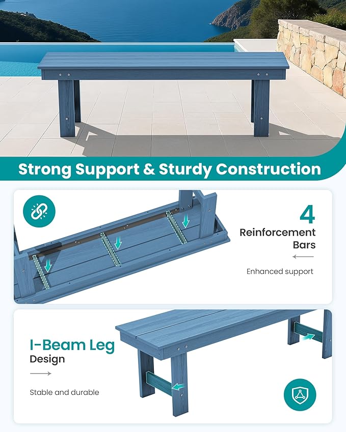 SERWALL 2-Person Outdoor Bench Backless, HDPE Outdoor Benches Weatherproof, 700 Lbs Weight Capacity, Poly Lumber Patio Furniture for Garden, Porch and Park, Navy, 2 Pack