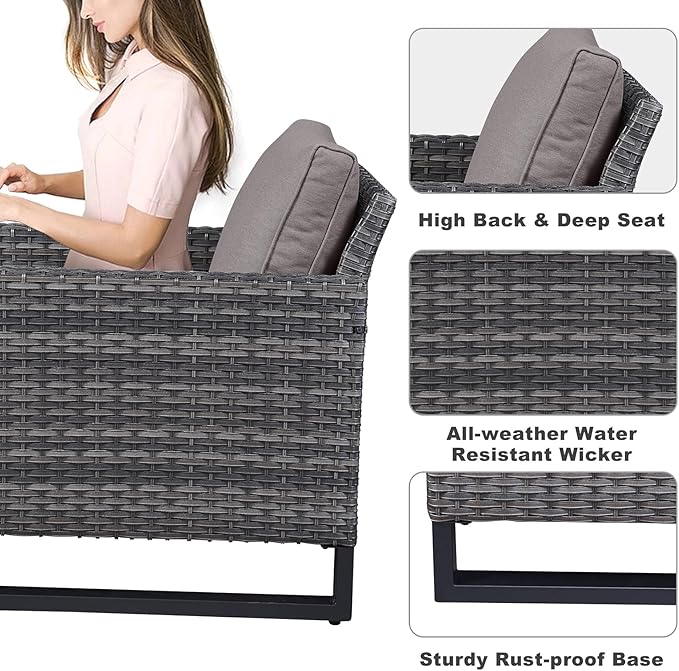 Belord Outdoor Bistro Set 3 Piece Outdoor Wicker Patio Chairs, Oversize Outdoor Rattan Seating Set, All-Weather Chairs Wicker Furniture with Metal Side Table and Water-Resistant Cushion for Outside
