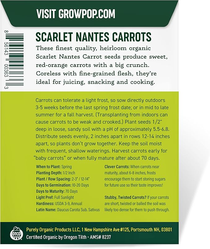 Organic Carrot Seeds (Scarlet Nantes) - Approx 1500 Seeds - USDA Organic, Non-GMO, Open Pollinated, Heirloom, USA Origin