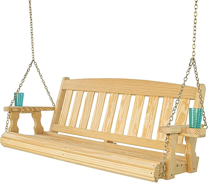 Amish Casual Heavy Duty 800 Lb Mission Treated Porch Swing with Hanging Chains and Cupholders (4 Foot, Unfinished)