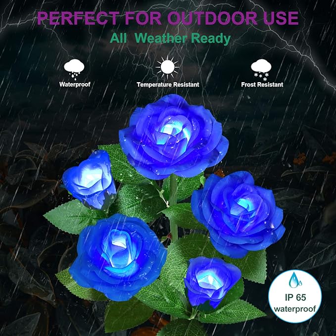 Solar Flower Lights Outdoor - Upgraded Realistic LED Solar Powered Waterproof Lights with 5 Roses, Solar Decorative Stake Light for Garden (Blue, 2 Pack)