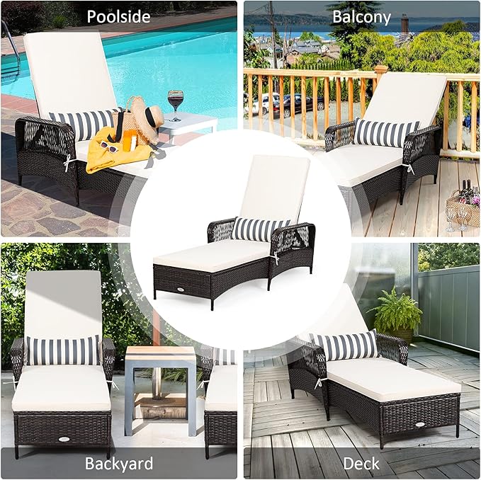 COSTWAY PE Rattan Chaise Lounge Chair, 6 Gear Adjustable Recliner with Armrest & Pillow, Wicker Outdoor Furniture for Deck, Patio (1, Brown)