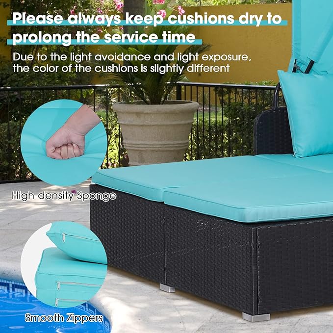 Moccha Outdoor Daybed with Retractable Canopy, Wicker Cabana with 2 Side Tables & Soft Cushions ,Hand-Woven PE Rattan Bed Lounger, Patio Sectional Furniture Set for Garden Backyard Porch (Turquoise)