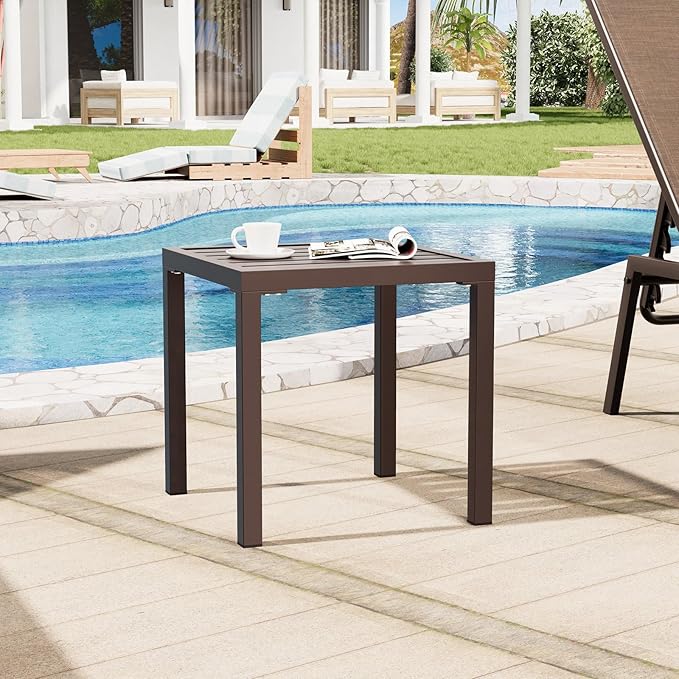 Crestlive Products Outdoor Side Table Set of 2, Small Square Metal End Table Weather Resistant Pool Side Tables for Patio Balcony(Brown)