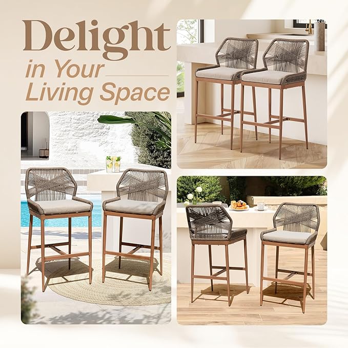 IDZO Boho Rope Bar Stools Set of 2, 31" Bar Height, 400lbs Capacity, Cushions & Ergonomic Backrest, Sturdy Aluminum Frame, for Indoor/Outdoor Use, Easy to Assemble
