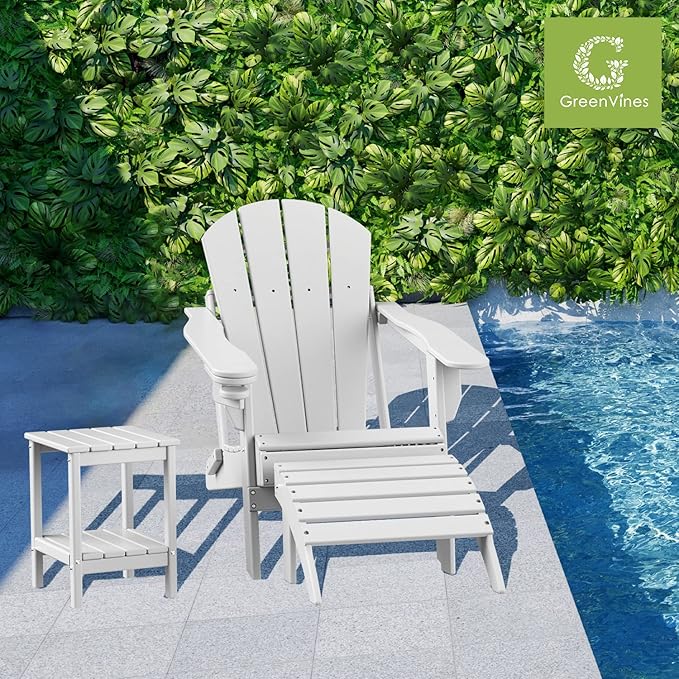 GREENVINES Adirondack-Outdoor-Side-Table | Set of 4 | 14 x 13 Inches | HDPE Plastic | All Weather | White | Outside End Tables | Storage Shelf | for Patio Porch Backyard Indoor