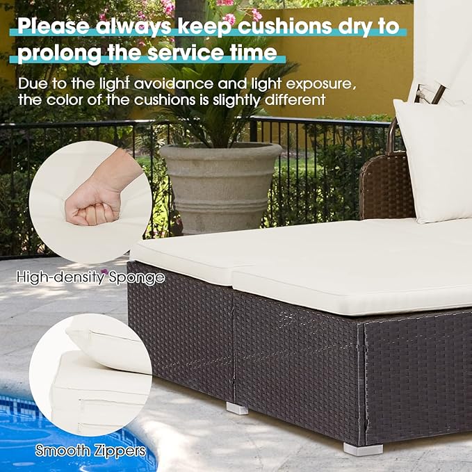 RELAX4LIFE Patio Outdoor Daybed with Canopy, Wicker Sunbed w/Cushions, 4 Pillows & 2 Retractable Side Trays, 2-Person Lounge Bed Conversation for Poolside Porch Garden, Rattan Outdoor Bed (Off White)