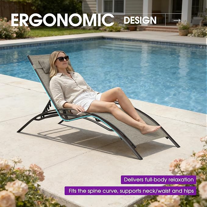 PURPLE LEAF Outdoor Chaise Lounge Chair Set of 3 Patio Pool Lounger Bronze Aluminum Chairs with Side Table Adjustable Tanning Recliner for Outside Backyard Yard Deck Balcony Beach Ivory Granite