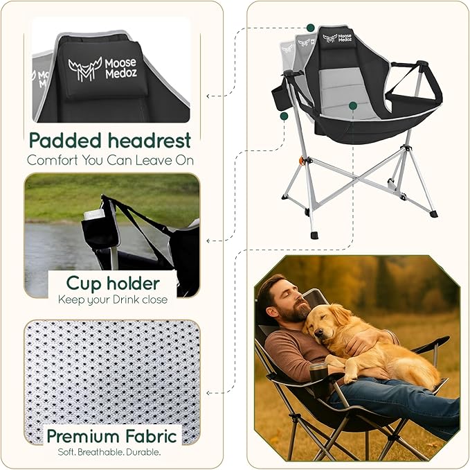 Hammock Camping Chair – Folding Swing Chair with Headrest & Cup Holder, 300 lbs Support, Breathable Mesh, Portable & Lightweight for Outdoor, Camping, Fishing, Patio & Travel