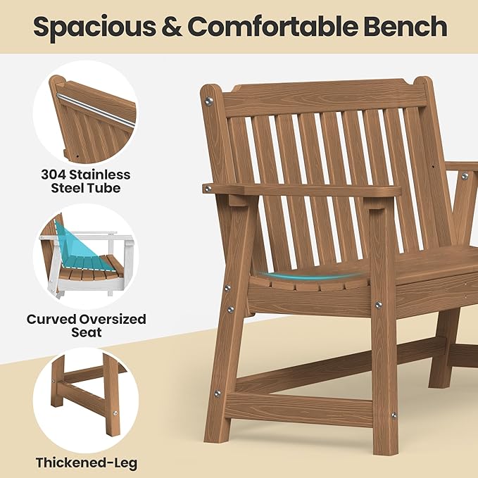 Ciokea 49" Heavy Duty Outdoor Bench Set of 2, HDPE Weatherproof Garden Bench, 2-Person Memorial Benches with 660 Lbs, Waterproof Patio Porch Benches for Outside Business Deck Office Backyard, Teak