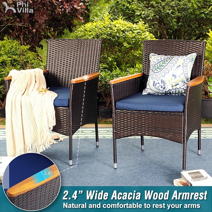 PHI VILLA 7-Piece Outdoor Patio Dining Set for 6, Metal Steel Frame Table with Umbrella Hole & All Weather PE Rattan Cushioned Chairs Set, for Deck, Yard, Porch