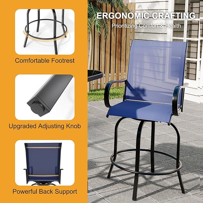 3 PCS Patio Swivel Bar Stools Set, 3 Piece Swivel Outdoor Table and Chairs Bar Set, All Weather Textile Fabric Outdoor High Stool Bistro Set with High Glass Bar Table for Lawn, Garden, Balcony