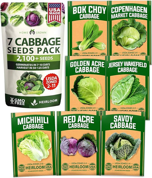 HOME GROWN Cabbage Seeds 7 Variety Mix 2000+ Heirloom Non-GMO, High Germination, Bok Choy, Red & Green Acre, Savoy, Napa Michihili, Copenhagen Market, Jersey Wakefield, Cold Hardy