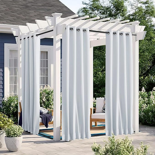 NICETOWN 2 Panels Fixed Outdoor Curtains Waterproof for Patio, Thermal Insulated Top & Bottom Grommet & Back Tab Light Blocking Outdoor Drapes Windproof with Bouns Rope, W46 x L90, Greyish White