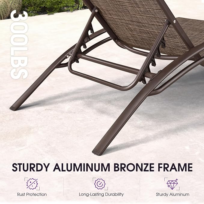PURPLE LEAF Outdoor Oversized Chaise Lounge Chair Set of 3 Patio Pool Lounger Bronze Aluminum Chairs with Side Table Adjustable Tanning Recliner for Outside Backyard Yard Deck Balcony Beach Brown