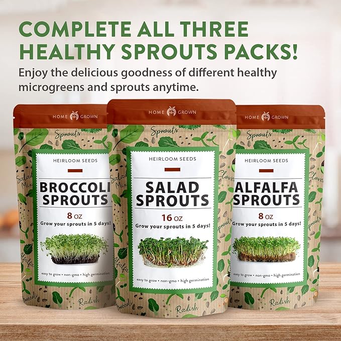 HOME GROWN Premium Sprouting Seeds Mix - Microgreens 118,200 Seeds for Indoor Growing - Non-GMO Broccoli, Alfalfa, Radish, Clover Sprouts Seed - 16oz Resealable Pack for Healthy Salad & Juicing