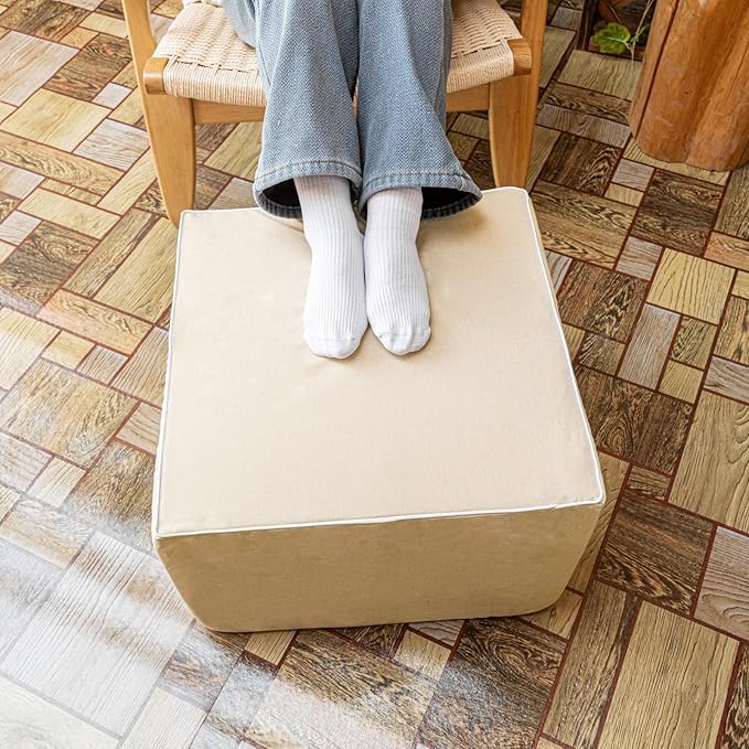 Outdoor Ottoman 20x20x14 Inches Outdoor Square Ottomans for Patio Modern Lightweight Foam Stuffed Pouf Outdoor Footstool Footrest (Linen)