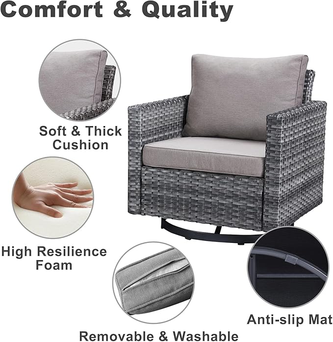 Belord Wicker Patio Furniture 5 Piece Outdoor Sofa Set, Oversize Outdoor Swivel Rocker Chairs with Rattan Ottomans, Conversation Sets Patio Furniture Come with Removable Washable Cushion Grey