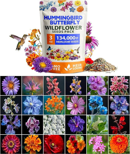 HOME GROWN Premium Wildflower Seeds Bulk - 134,000+ Non-GMO USA Native Seeds for Planting Outdoors - 23 Varieties Wild Flower Mix for Butterfly Garden, Perennial & Annual Flowers (3oz)