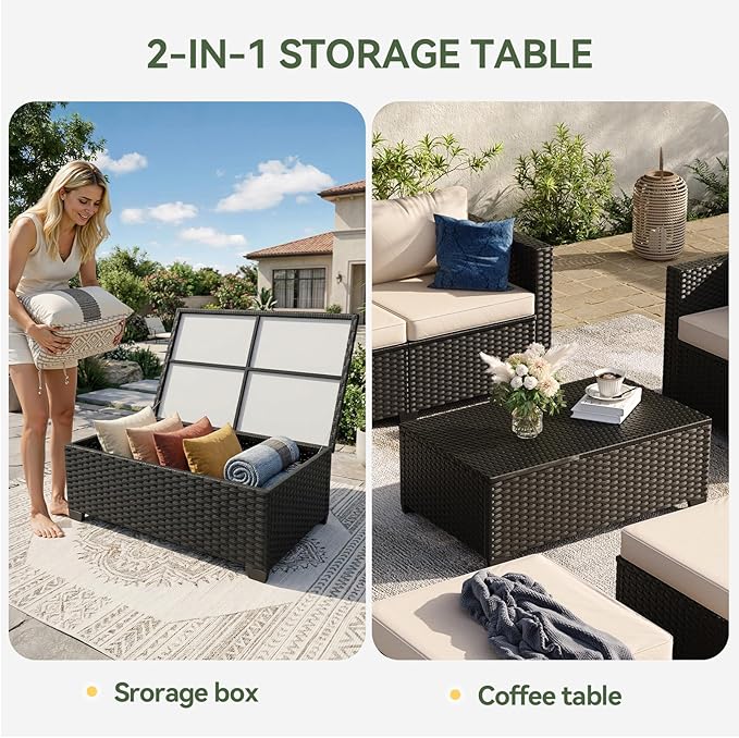 Aoxun 7 Piece Outdoor Patio Furniture Set 6 Seats, Outdoor Sectional with Thick Waterproof Cushions & Storage Coffee Table, Patio Conversation Sets for Garden,Backyard, Porch, Balcony, Deck, Beige