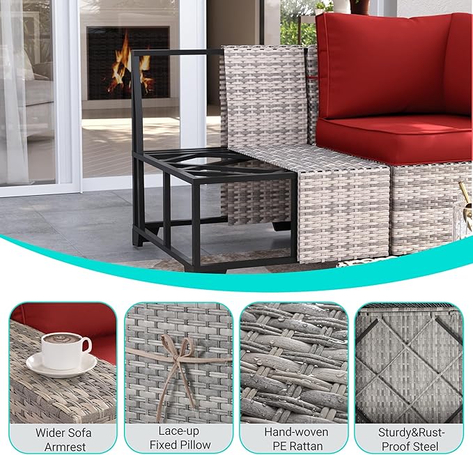 7-Piece Outdoor Patio Furniture Set with 55,000 BTU Fire Pit Table, PE Wicker Rattan Sectional Sofa Patio Conversation Set with Thickened Cushions & Coffee Table, Red