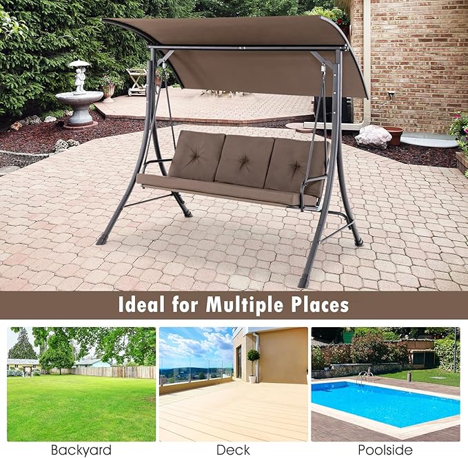 Tangkula 3 Person Porch Swing, Outdoor Swing with Removable Cushions, Solid Steel Structure, Patio Swing with Adjustable Canopy for Garden, Backyard, Balcony, Poolside