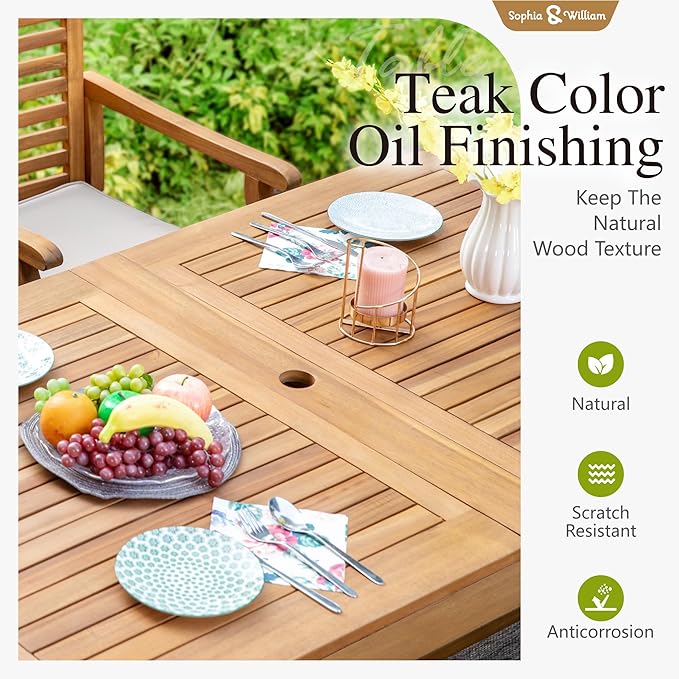 Sophia & William Patio Outdoor Table and Chairs Set, Patio Dining Sets for 8, 9 Pieces Patio Table Set for Backyard Deck Porch Outside, Acacia Wood Table Expandable with Hole and Chairs