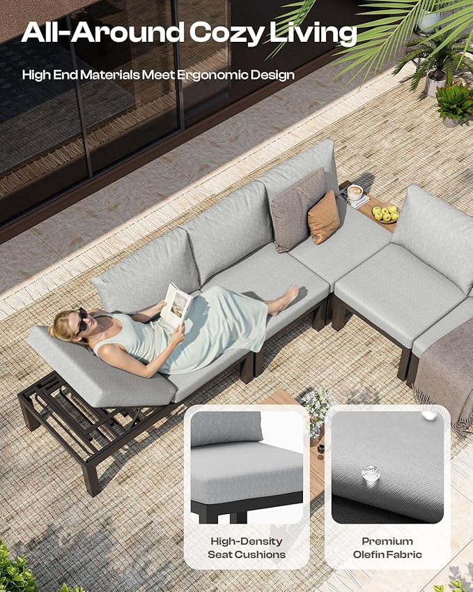 Aluminum Outdoor Patio Furniture Set, 4 Seats Modular Patio Sectional Sofa Set with Adjustable Backrest & Removable Cushions, All-Weather Outdoor Conversation Sets for Garden & Yard, Gray