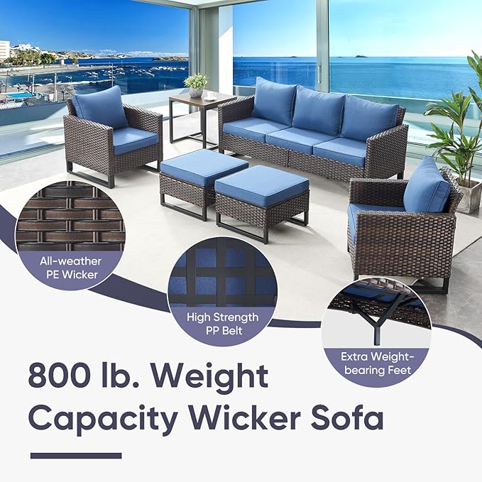 Belord Outdoor Couch Patio Furniture: Wicker Patio Sofa with Deep Seat High Back, 800Lbs Weight Capacity Oversize Outdoor Seating 3 Seater Rattan Couch, Anti-Rust Frame, Brown