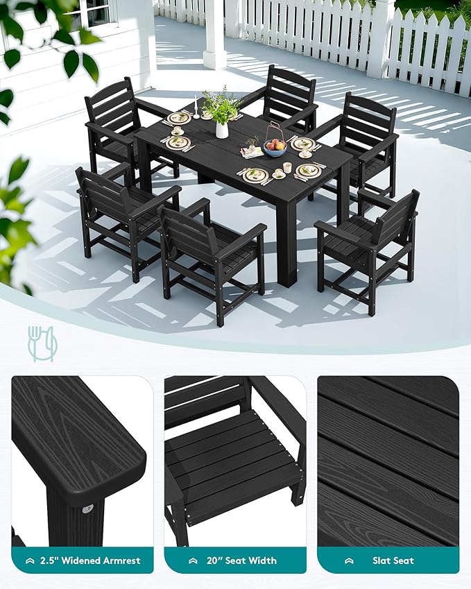 SERWALL Patio Dining Set for 6, Outdoor Dining Sets for 6 Person with 1 Umbrella Hole Cut-Out Rectangular Table and 6 Chairs, HDPE Dining Sets for Garden, Backyard, Poolside, Black