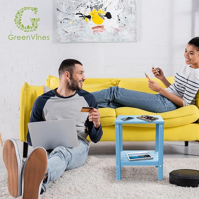 GREENVINES Adirondack-Outdoor-Side-Table | Set of 2 | 14 x 13 Inches | HDPE Plastic | All Weather | Arctic | Outside End Tables | Storage Shelf | for Patio Porch Backyard Indoor