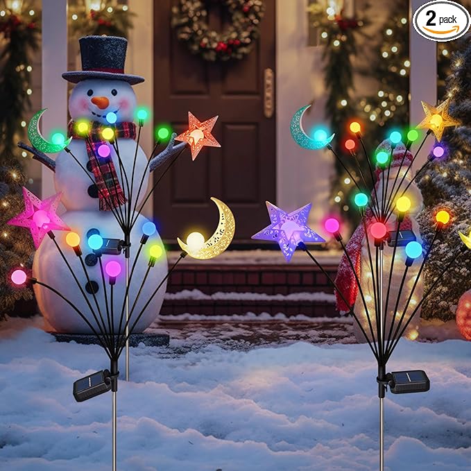 TAKE ME Solar Firefly Lights Outdoor Moon Star Sun Projection Stake Lights - Waterproof Solar Powered Garden Lights for Pathway, Yard, Patio Decor Color Changing