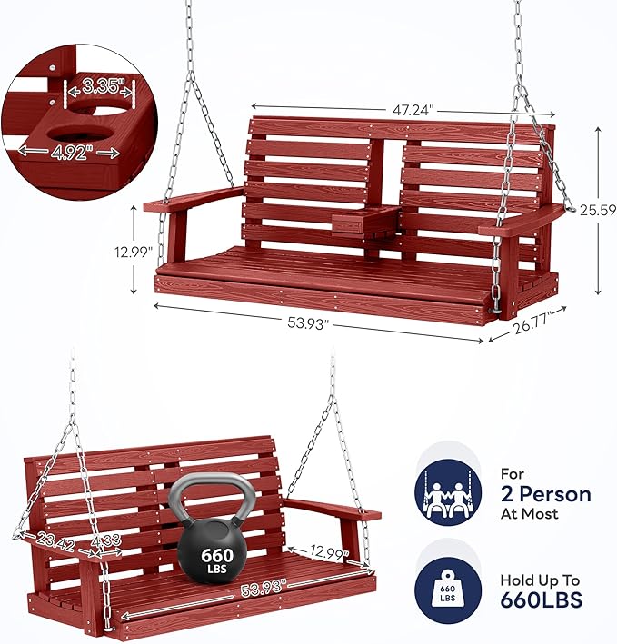KINGYES Outdoor Hanging Patio Swing Chair, 2 Seat with Cup Holders, Waterproof Bench for Courtyard & Garden, 660LBS Weight Capacity, Red