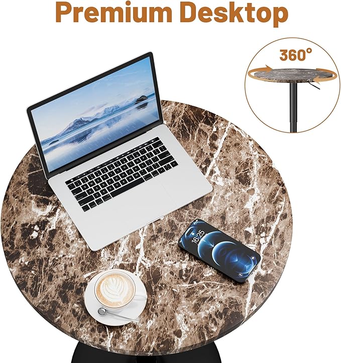 Flamaker Round Bistro Pub Table 23.6 Inch Height Adjustable 360° Swivel Bar Table Metal Base for Pub, Dining Room, Party (4, Marble-Black)