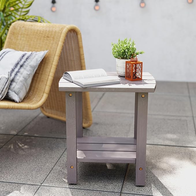 2-Tier Adirondack Side Table 17" with Double Shelf, Easy Assembly Solid Wood End Table,Outdoor & Indoor Small Table for Living Room,Patio, Poolside, Porch - Weather Resistant Concrete Grey