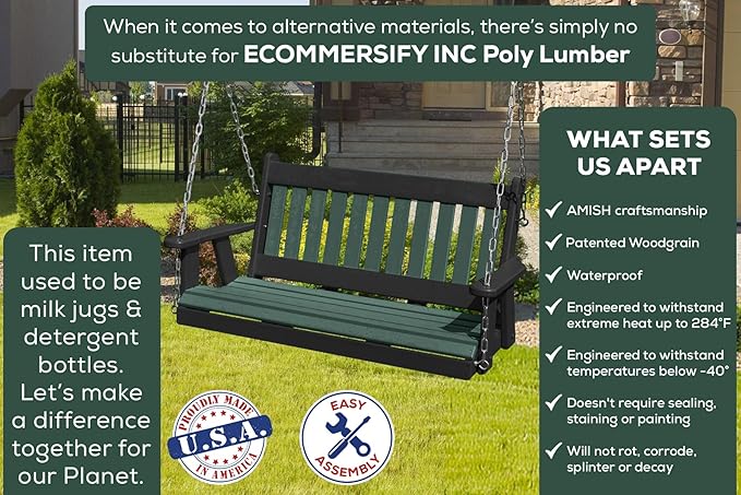 Mission Poly Lumber Wood 5FT Porch Swing Amish Craftsmandship Made in USA HDPE with No Wood fibers 1000 lbs Limit. Stainless Steel Hardware.Signature Design for Patio Outdoor Backyard Garden Park