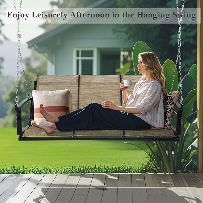 Textilene 3 Seat Hanging Swing, 5.2FT Patio Bench Swing, 660lbs Heavy Duty Outdoor Porch Swing with Hanging Chains for Courtyard, Garden, Tree, Yard