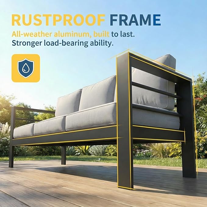 Solaste Aluminum Patio Furniture Set for All Weather, Oversized Metal Outdoor Furniture Set with 27.5" Deep Seating and 3.2" Wide Armrest, Patio Conversation Set with 10’’ Back Cushion, Black and Grey