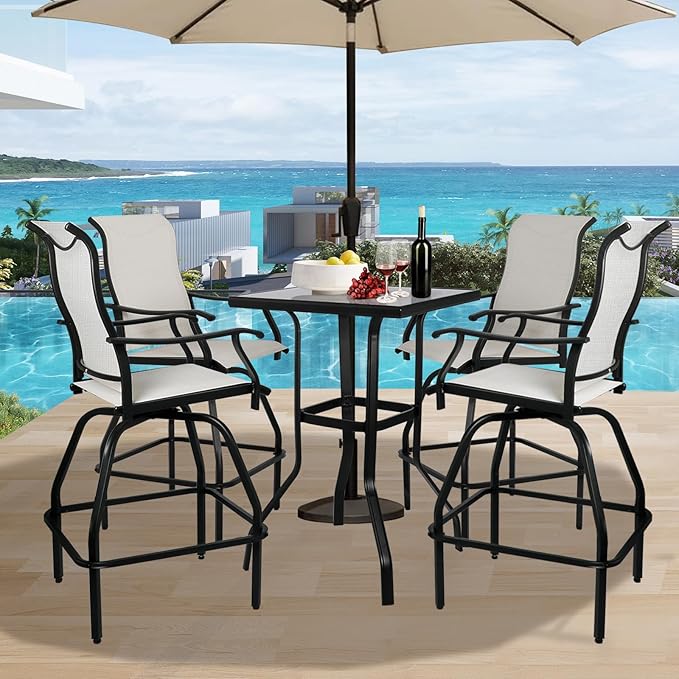 LEVELEVE Patio Bar Set 5pcs Swivel Bar Stools Outdoor Bistro Textilene Furniture Stability All-Weather Set with Height Table (5, Beige Fabric)