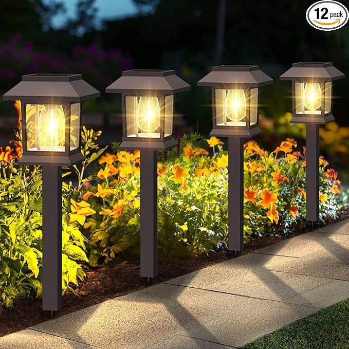Solar Outdoor Lights, 12 Pack Solar Pathway Lights Waterproof, Landscape Lighting for Path Walkway Lawn Garden Yard Outside Décor, Brown