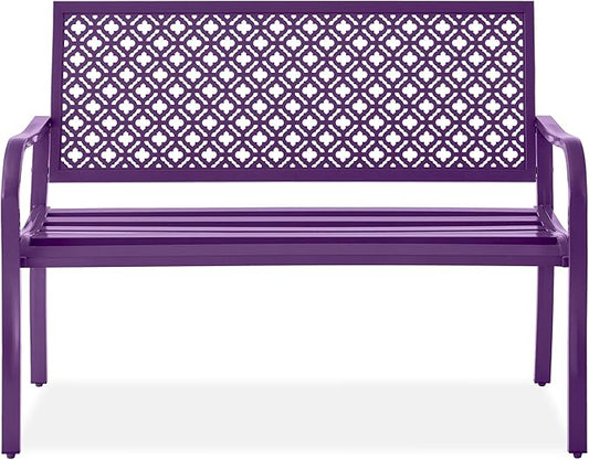 Best Choice Products Outdoor Bench 2-Person Metal Steel Benches Furniture for Garden, Patio, Porch, Entryway w/Geometric Backrest, 790lb Capacity - Dark Purple
