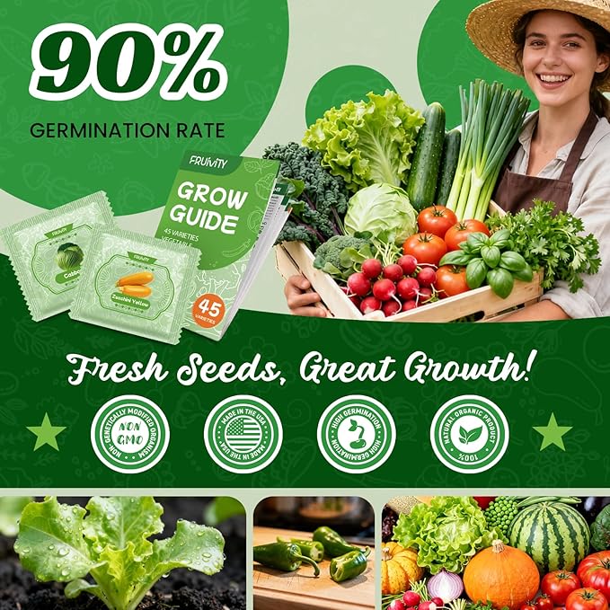 45 Vegetable Seeds Variety Pack - 17,000+ Non-GMO Heirloom for Planting Indoor & Outdoor Garden - Seed Vault Kit with Tomato, Cabbage, Spinach, Cucumber, Lettuce - Friend Gift