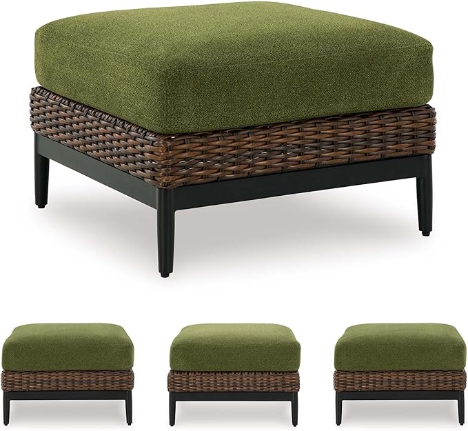 Signature Design by Ashley Horizon Hall Casual Nuvella Weather Resistant Fabric Square Outdoor Ottoman with Cushion, Green & Light Brown