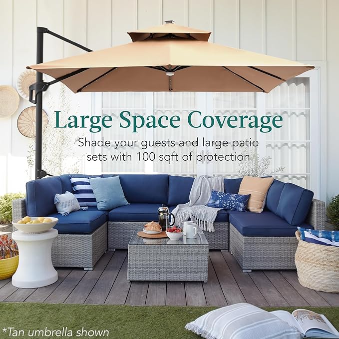 Best Choice Products 10x10ft Cantilever Patio Umbrella w/Base Included, Solar LED Lights 360 Rotation Large Offset Hanging Outdoor Shade for Deck Pool Backyard w/Stand – Resort Blue