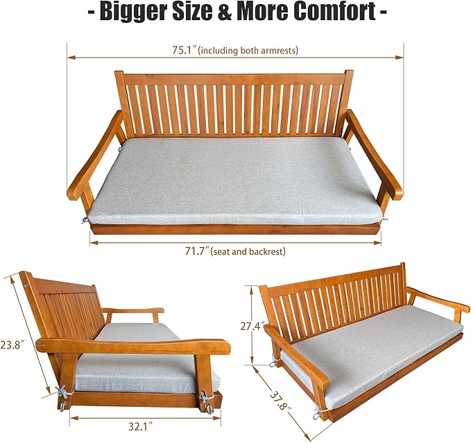 6 FT Wooden Porch Swing Bed with Thick Cushion – Outdoor Hanging Daybed for Patio or Porch, Solid Fir Wood Frame, Weather-Resistant, Heavy Duty 1000 LBS (Teak Tone)
