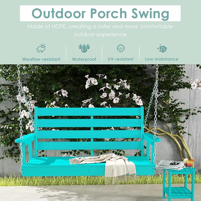 IVY&LANE Outdoor Porch Swing | HDPE Plastic | 2-Person | Hanging Bench Swings | Weatherproof | 4 Stainless Steel Chains | Aqua | for Outside Patio Garden Backyard Tree