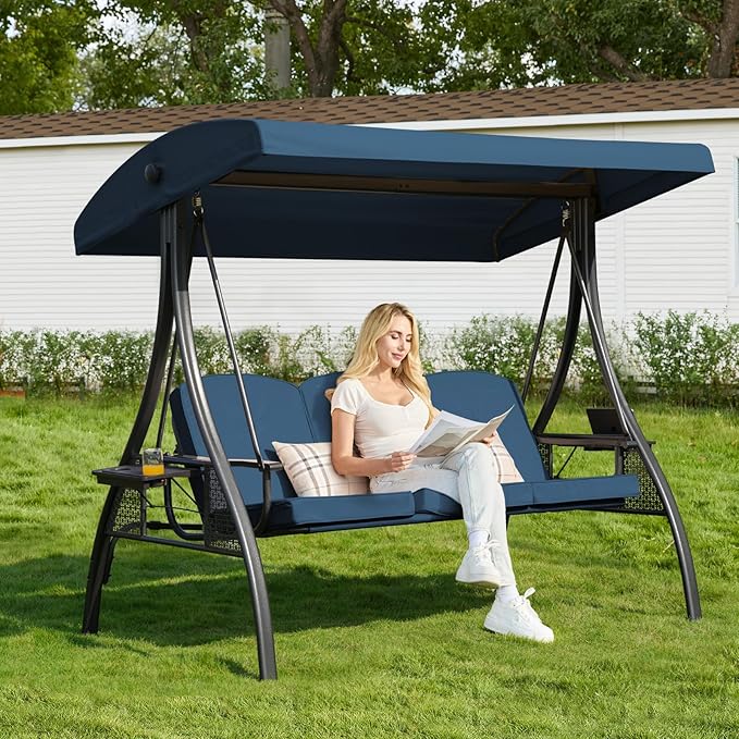 3-in-1 Convertible Outdoor Swing for Adults, Outdoor Porch Swing with Stand 800lb Bearing Capacity, 3-Seat Outdoor Swing with Canopy Adjustable, Thickened Cushions (Square, Blue)