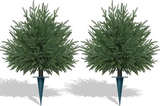 Artificial Norfolk Topiary Cedar Trees with Ground Spike, 2 Pieces Fake Pine Shrubs Bushes, UV Resistant Faux Evergreen Tree Plants for Indoor Outdoor Planters Front Porch