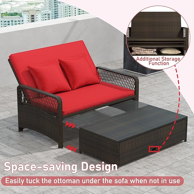 RELAX4LIFE Wicker Patio Outdoor Daybed - Rattan Sunbed Loveseat Sofa Set w/4-Level Adjustable Back, Cushions & Pillows, Storage Ottoman, 2-Person Bed Lounger for Backyard Porch, Patio Daybed (Red)